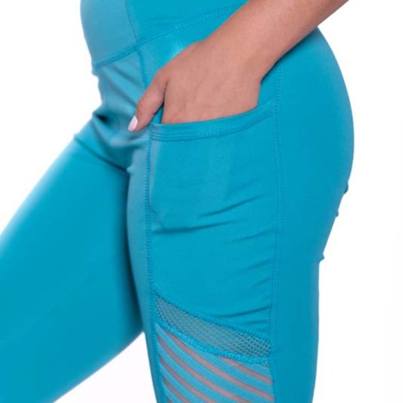 High-Waisted & Mash Panel Gym and Yoga Leggings with Side Pockets Turquoise - Picture 6 of 7